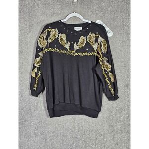 Eminent‎ Sweatshirt Womens Size XL Black Gold Fish Embroidery Rhinestones Beaded